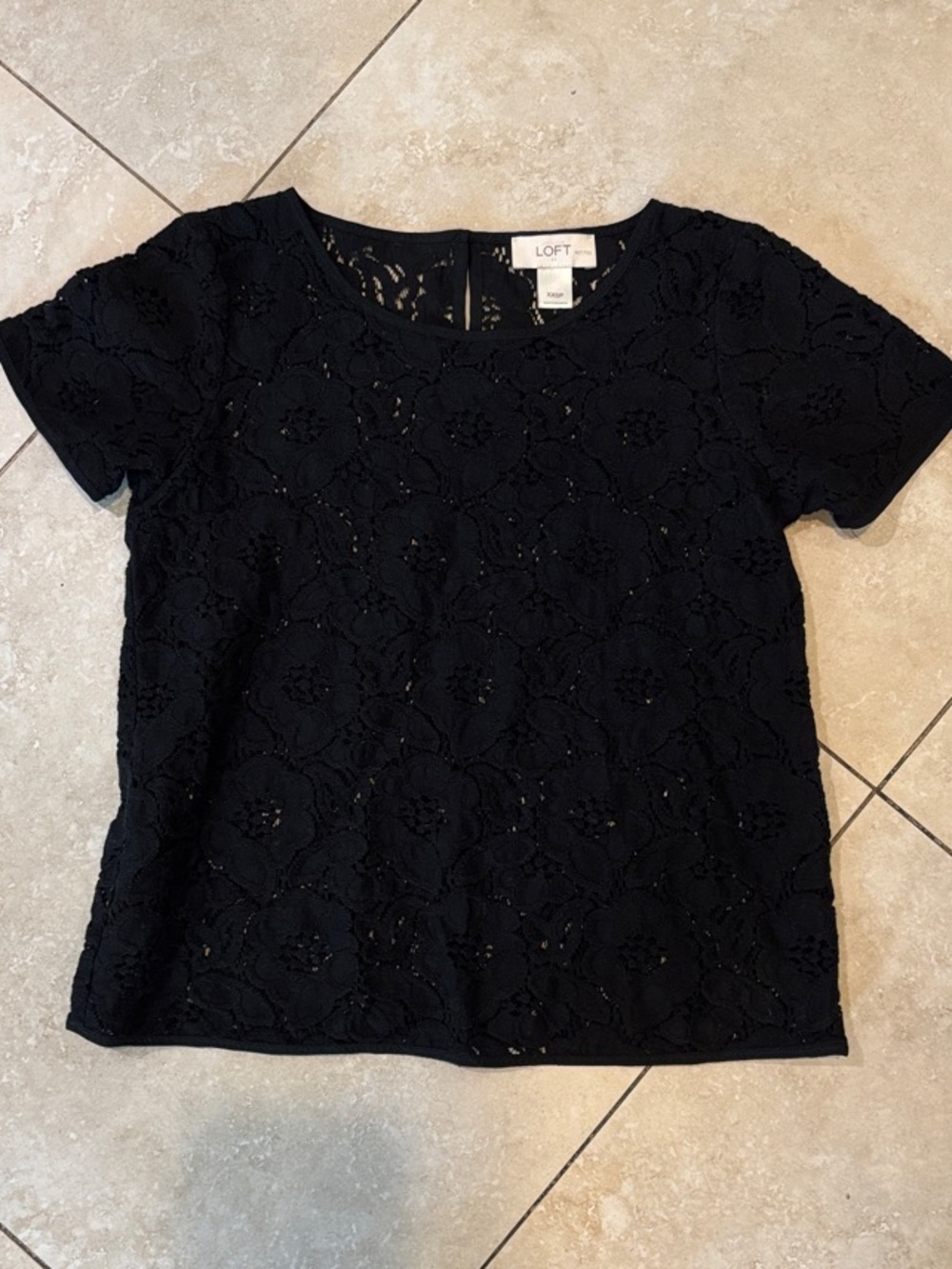 LOFT Black Short Sleeve Floral Lace Tee